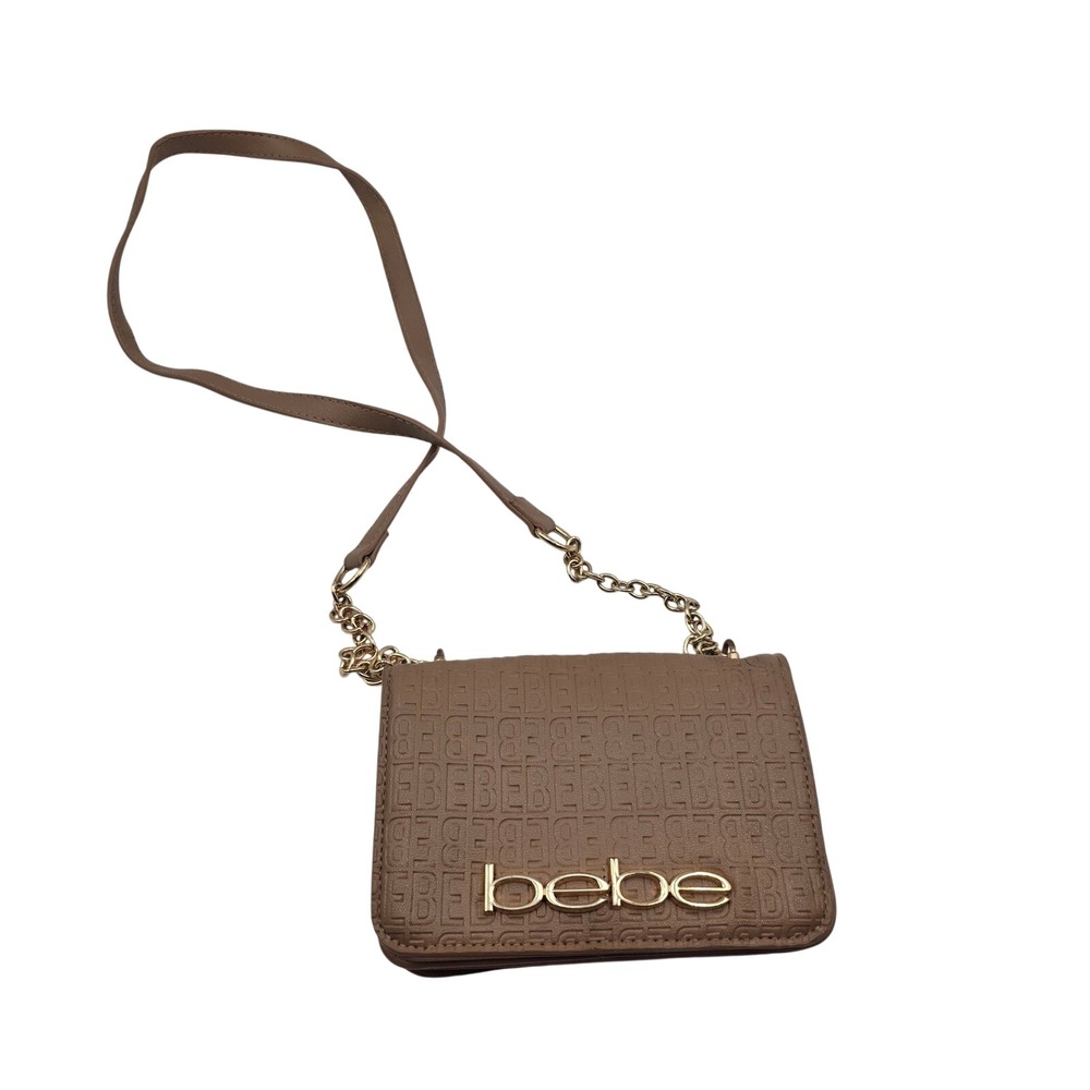 Bebe Los Angeles Tan Embossed Logo Crossbody Wallet Bag Gold Chain‎ Strap L3